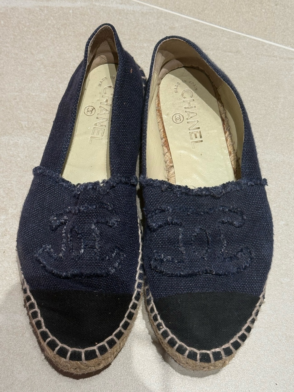 CHANEL Navy Canvas Espadrilles with Black Cap Toe and Embroidered CC